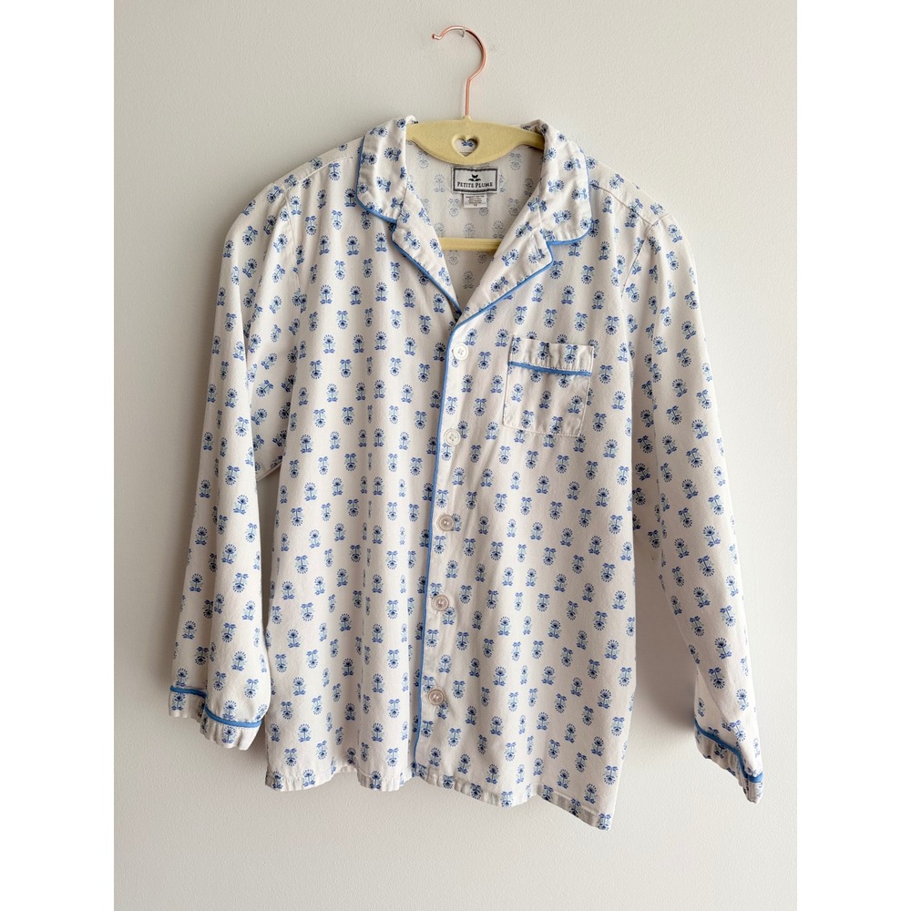 Petite Plume Kids Pajama Top ONLY White Blue Floral Print Button Down Size 12